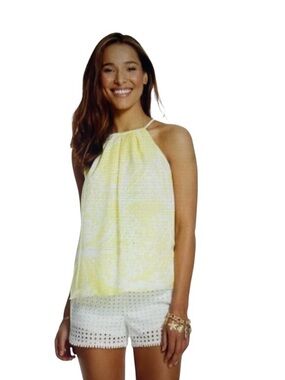 LILLY PULITZER Pineapple Yellow & White Gilded Gold Rope Halter Top Blouse Small